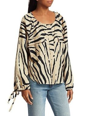 NWOT Current/Elliott Linen Blend Zebra Print Tie Cuff Blouse Shirt